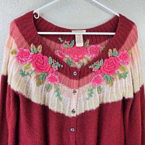 Sundace Floral Embroidered Cardigan M Burgundy Mohair Wool Boho Artsy Sweater - Picture 3 of 11